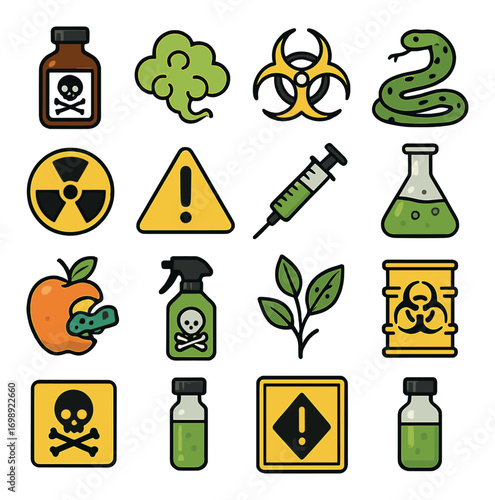 Hazardous materials flat icon set. featuring poison, gas, biohazard, snake, radioactive, syringe, chemical symbols