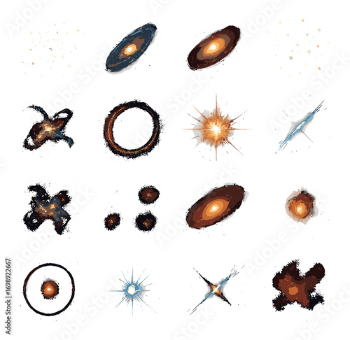 Space and astronomy silhouette icon set. featuring stars, galaxies, constellations, supernovae, and nebulas