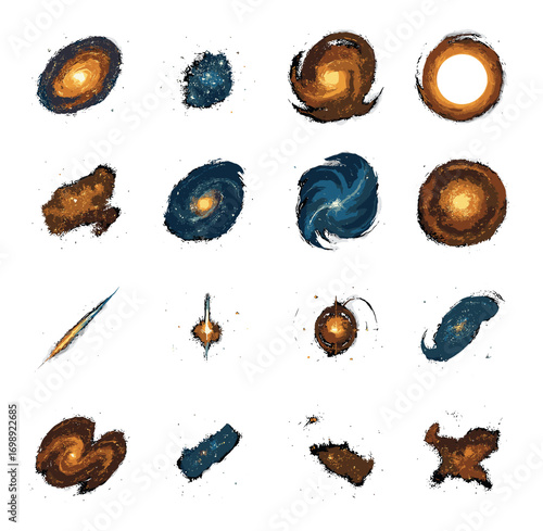 Space elements silhouette icon set. featuring galaxy, star, black hole, comet, meteor, nebula, and supernova icons