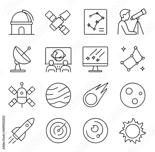 Space exploration linear icon set. featuring telescope, satellite, planet, rocket, radar, and constellation symbols