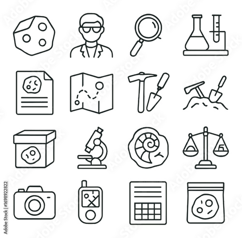Science and research linear icon set. featuring meteorite, scientist, magnifier, flask, chart, map, pickaxe, excavation.