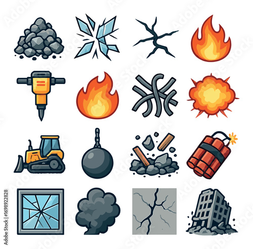 Demolition and construction flat icon set. featuring rubble, explosion, wrecking ball, bulldozer, and dynamite symbols
