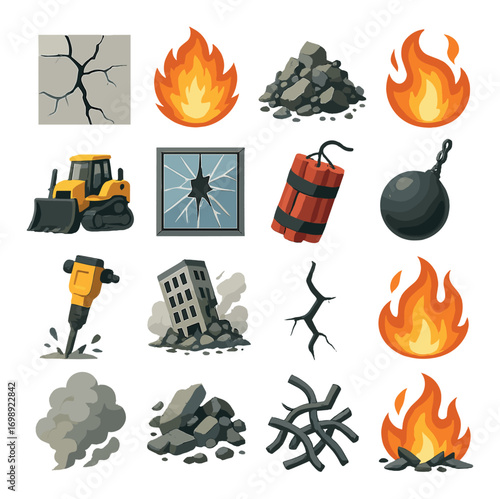 Destruction flat icon set. featuring fire, wrecking ball, bulldozer, earthquake, dynamite, and rubble symbols