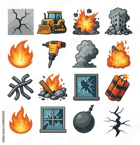 Destruction flat icon set. featuring earthquake, bulldozer, explosion, fire, smoke, jackhammer, wreckage, dynamite, cracked wall symbols