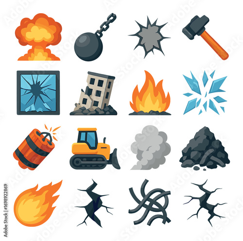 Disaster and destruction flat icon set. explosion, wrecking ball, fire, bulldozer, earthquake symbols