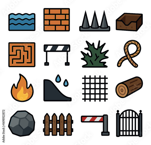 Obstacle course flat icons set. featuring water, wall, spikes, box, maze, barrier, bush, rope, fire, slope, net, log, rock, fence, gate.