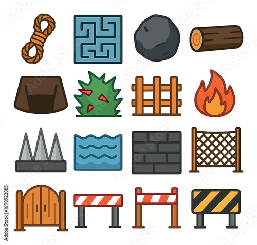 Obstacle flat icons set. featuring rope, maze, boulder, log, pit, bush, fence, fire, spikes, water, wall, gate, barrier