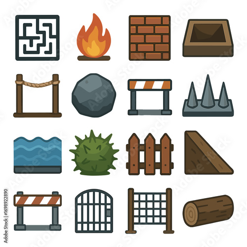 Adventure elements flat icon set. featuring maze, fire, wall, stone, spikes, gate, and log symbols