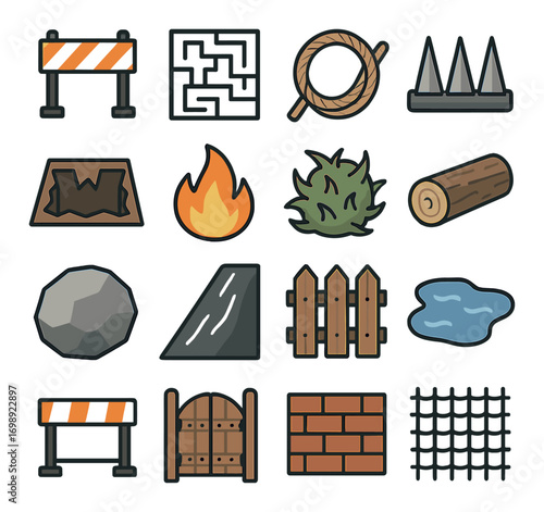 Obstacle course linear icon set. featuring barricade, maze, rope, spikes, fire, log, rock, ramp, fence, pond