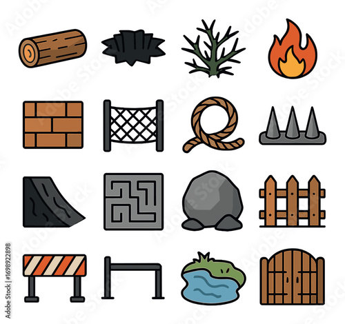 Obstacle course flat icon set. featuring log, pit, bush, fire, wall, fence, rope, and spikes symbols