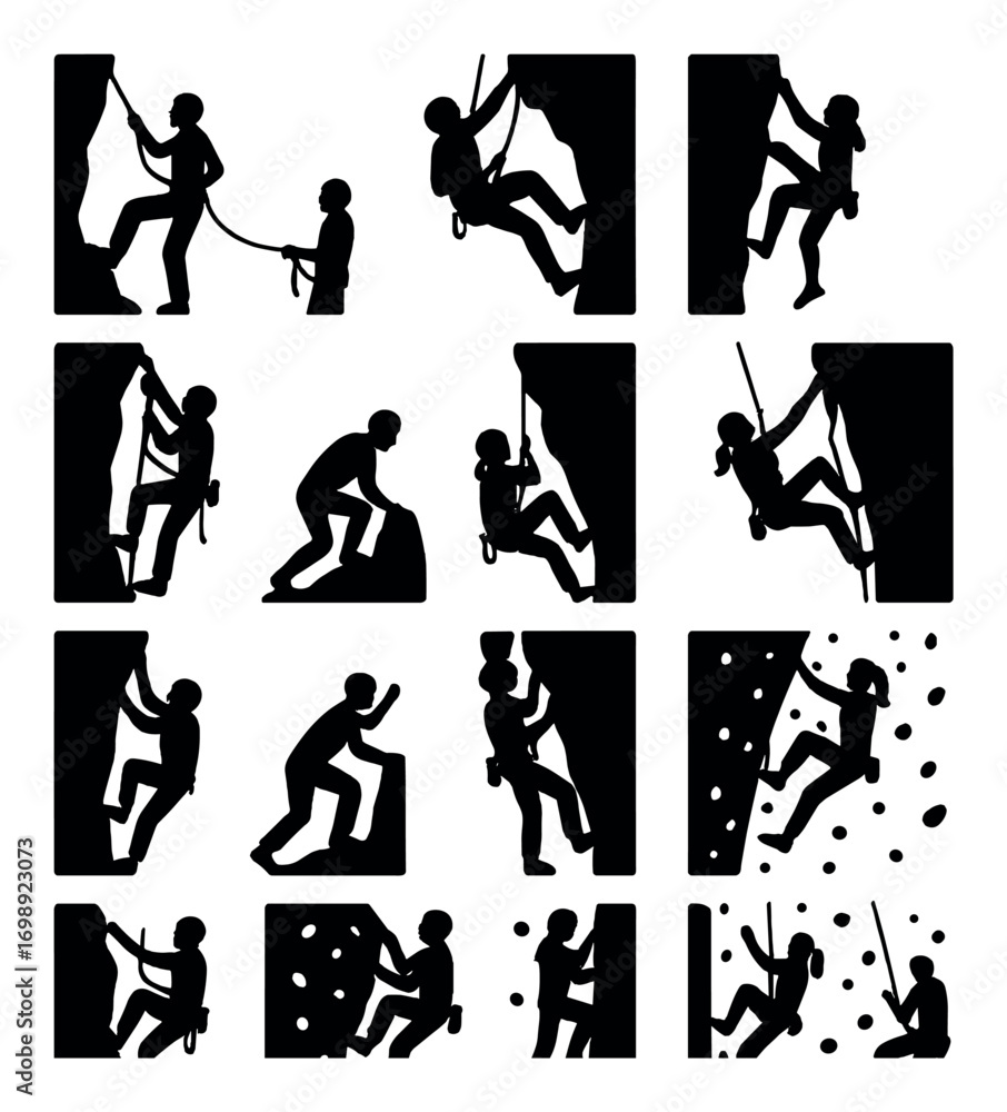 Naklejka premium Rock climbing silhouette icon set. featuring rock climber, belay, rappel, ascent, bouldering, and wall climbing symbols