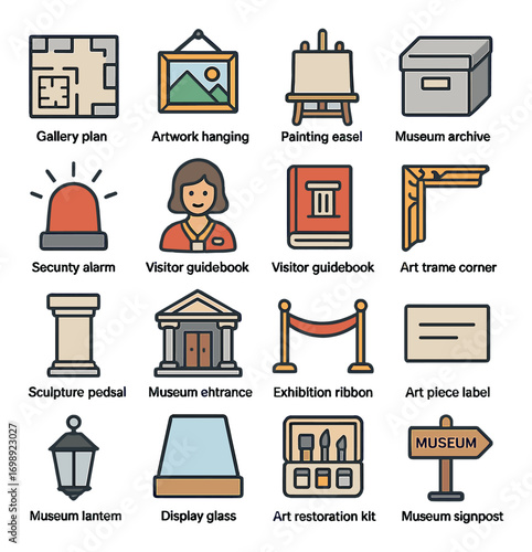 Museum essentials flat icon set. featuring gallery plan, artwork hanging, painting easel, and more museum symbols