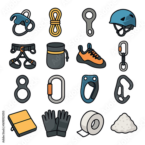 Climbing equipment flat icons set. featuring harness, helmet, rope, carabiner, belay device, and climbing shoes