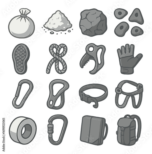 Climbing gear flat icon set. featuring chalk bag, powder, rock, holds, shoe, rope, cam, glove, carabiner, harness