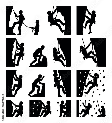 Rock climbing silhouette icon set. featuring rock climber, belay, rappel, ascent, bouldering, and wall climbing symbols