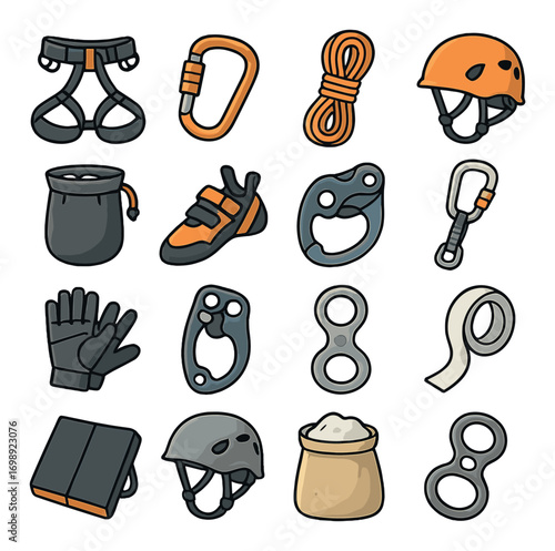 Climbing equipment flat icon set. featuring harness, carabiner, rope, helmet, and gloves