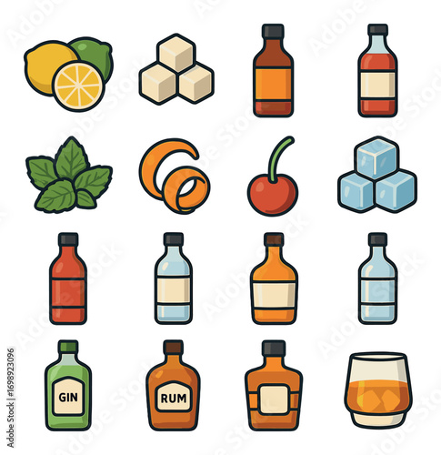 Cocktail ingredients flat icon set. featuring lemon, sugar cube, syrup, mint, orange, cherry, ice, gin, rum, whiskey
