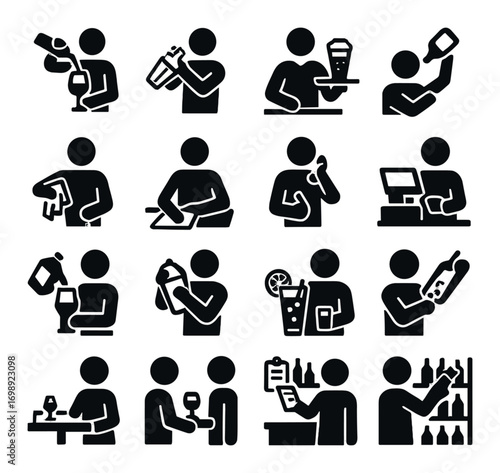 Bar activities silhouette icon set. featuring bartender, cocktails, shaking, serving, drinking, menu, and payment symbols