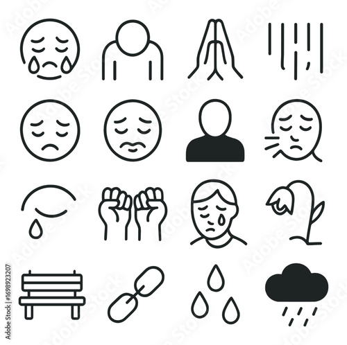 Sadness and depression linear icon set. featuring crying, praying, rain, coughing, and loneliness symbols