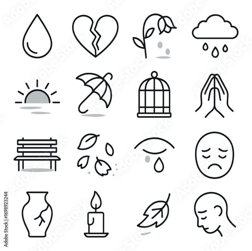 Sadness and grief linear icon set. featuring tear, broken heart, wilted flower, rain, and prayer symbols