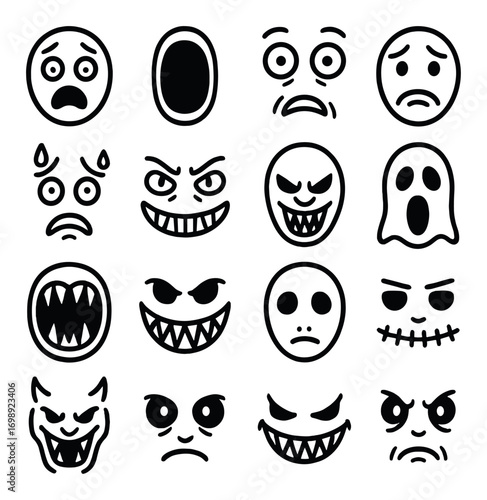Halloween faces linear icon set. featuring ghost, monster, skull, grin, scream, and spooky symbols