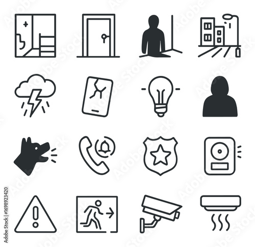 Safety and security linear icon set. includes door, surveillance camera, alarm, emergency, dog bark, lock, and weather icons