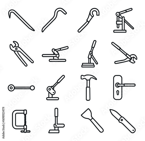 Construction tools linear icon set. featuring crowbar, wrench, hammer, clamp, scraper, and knife symbols