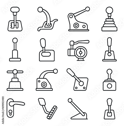 Gear and shift linear icon set: featuring gearstick, lever, handle, transmission, and manual controls