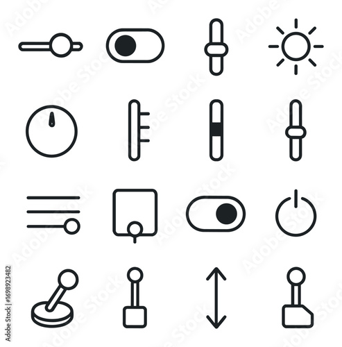 User interface linear icon set. featuring sliders, switches, brightness, controls, volume, and settings symbols