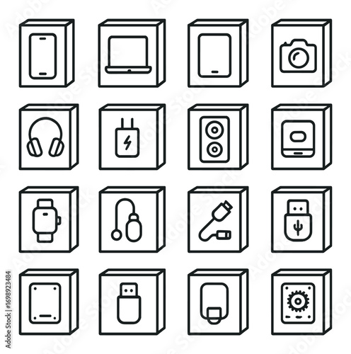 Tech gadgets linear icon set. featuring smartphone, laptop, tablet, camera, headphones, and smartwatch icons