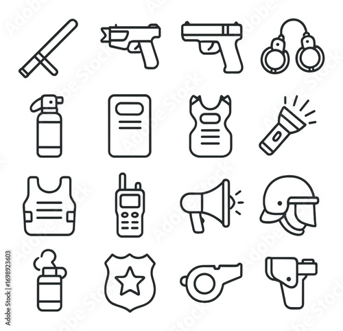 Law enforcement linear icon set. featuring baton, handgun, handcuffs, pepper spray, bulletproof vest, and helmet