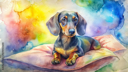 Cheerful dachshund dog resting on pillow with colorful watercolor background  
