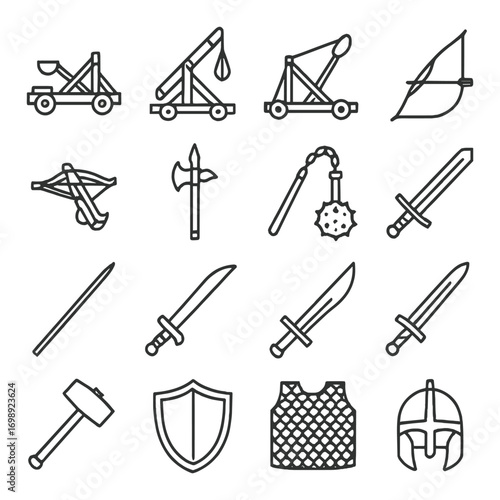 Medieval weapons linear icon set. featuring catapult, bow, crossbow, axe, mace, sword, spear, shield