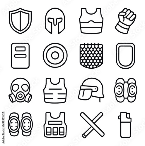 Protective gear linear icon set. featuring helmet, vest, shield, gas mask, and knee pad symbols