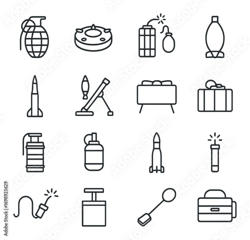 Weapons and explosives linear icon set. featuring grenade, rocket, missile, bomb, dynamite, and landmine symbols