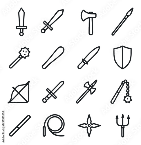Medieval weapons linear icon set. featuring sword, axe, spear, mace, shield, bow, dagger, and trident