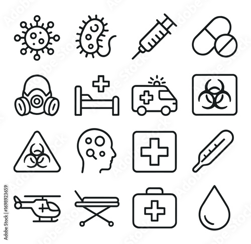 Healthcare and safety linear icon set. featuring virus, bacteria, syringe, pills, ambulance, and biohazard symbols