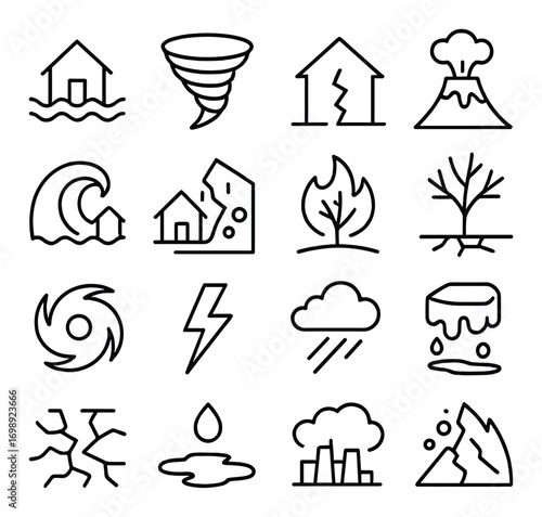 Natural disasters linear icon set. featuring flood, tornado, earthquake, volcano, tsunami, fire, drought, hurricane