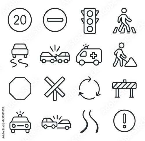 Traffic safety linear icon set. featuring speed limit, no entry, traffic light, pedestrian, and roadwork symbols