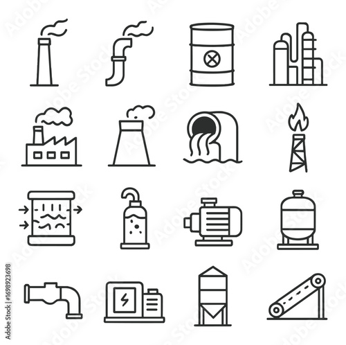 Industrial equipment linear icon set. featuring factory, pipe, barrel, refinery, pollution, and pump symbols