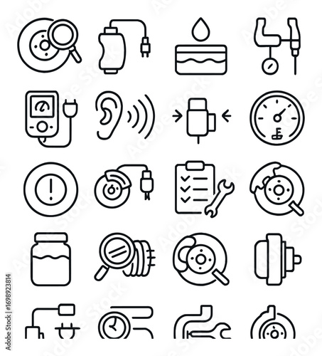Automotive maintenance linear icon set. featuring oil change, brake pads, filter, wrench, and tire check symbols