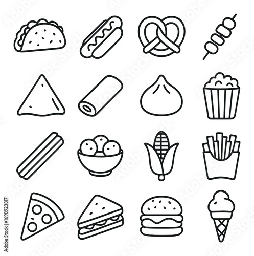 Street food linear icon set. featuring taco, hotdog, pretzel, kebab, nachos, burrito, dumpling, popcorn