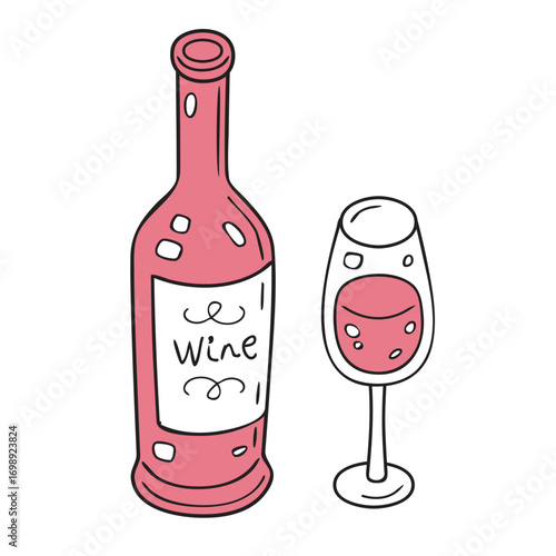 Red wine bottle with label and a wineglass vintage style isolated vector illustration