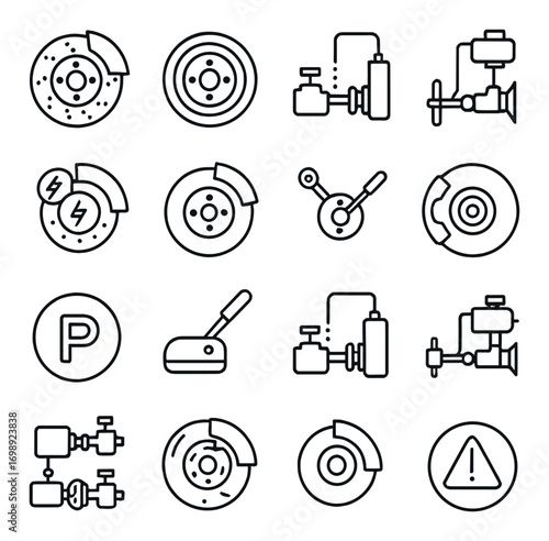 Automotive brake system linear icon set. featuring disc, pad, repair, hydraulic, and warning symbols