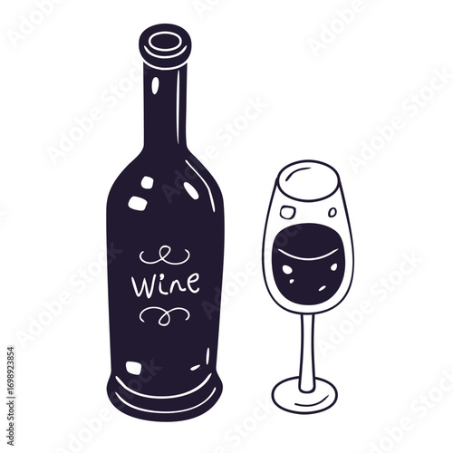 Wine bottle and a wineglass vintage style isolated vector illustration