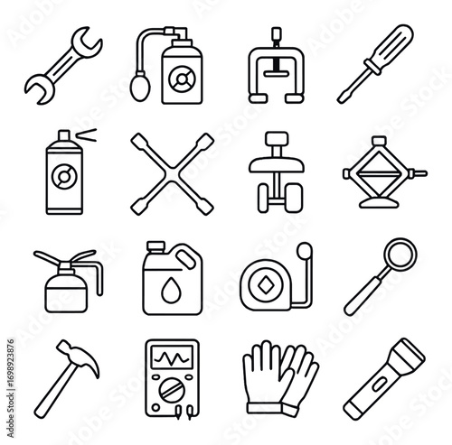 Construction tools linear icon set. featuring wrench, oil can, clamp, and screwdriver symbols