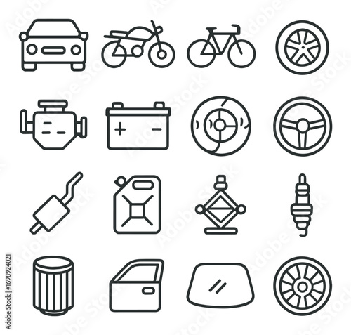 Automotive parts linear icon set. featuring car, motorcycle, bicycle, wheel, engine, battery, and steering symbols