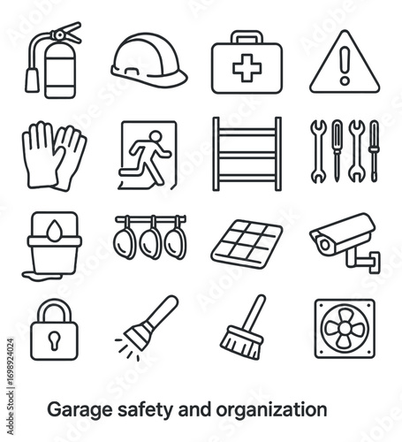 Garage safety and organization linear icon set. featuring fire extinguisher, hard hat, first aid, warning, gloves, and tools