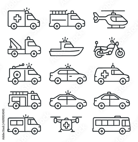 Emergency vehicles linear icon set. featuring ambulance, fire truck, helicopter, tow truck, boat, and motorcycle symbols