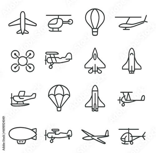 Aviation linear icon set. featuring airplane, helicopter, hot air balloon, drone, biplane, and zeppelin